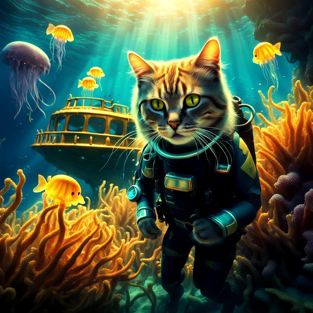 Scuba Cat Explores Sunken Ship: Digital Matte Painting