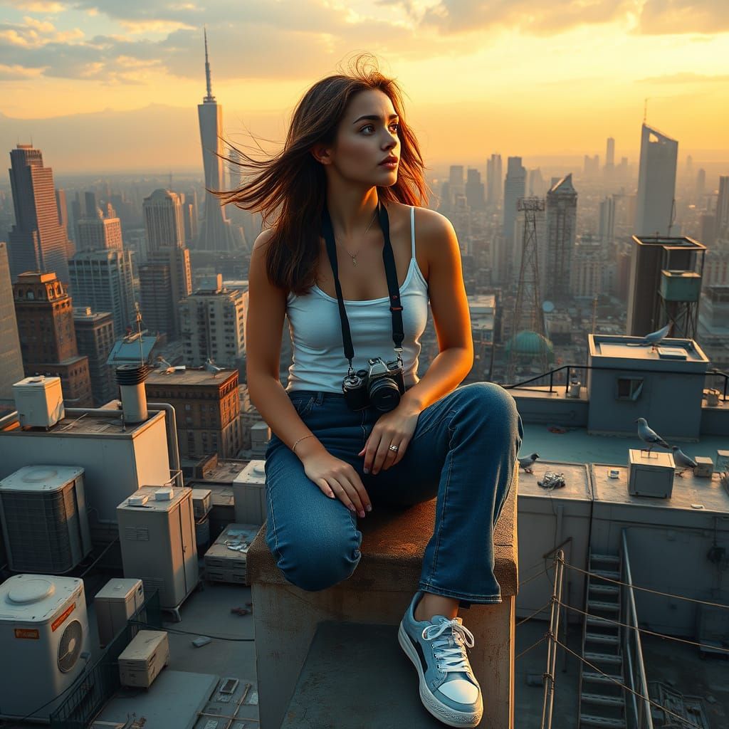 Rooftop Woman Gazing at City Sunset