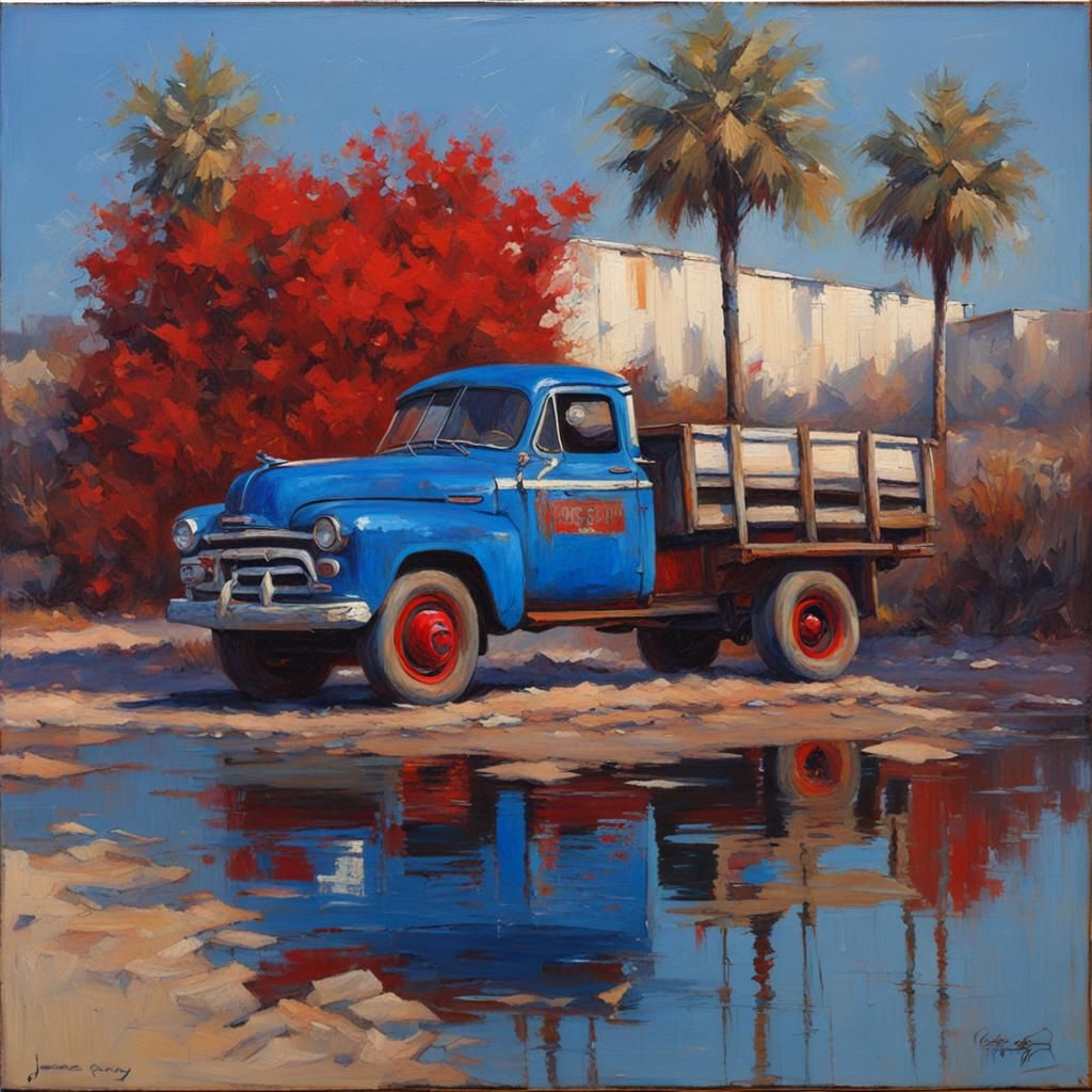 Striking Oil Painting in Blue and Red