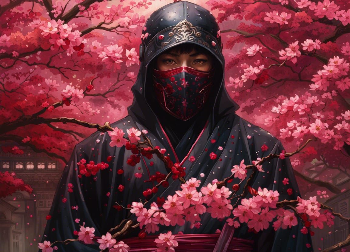 Dark Ninja in Cherry Blossoms: Hyperrealistic Mixed-Media Po...