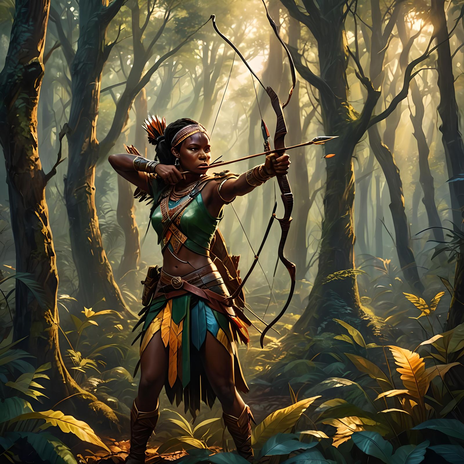 African Woman Archer: Detailed Matte Painting