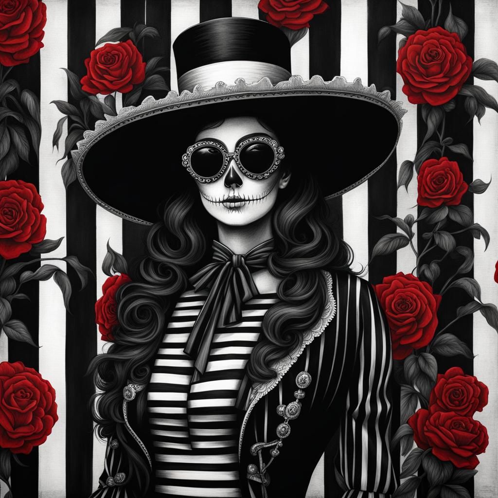 Dia De Los Muertos  La Catrina in front of a vertical stripe...