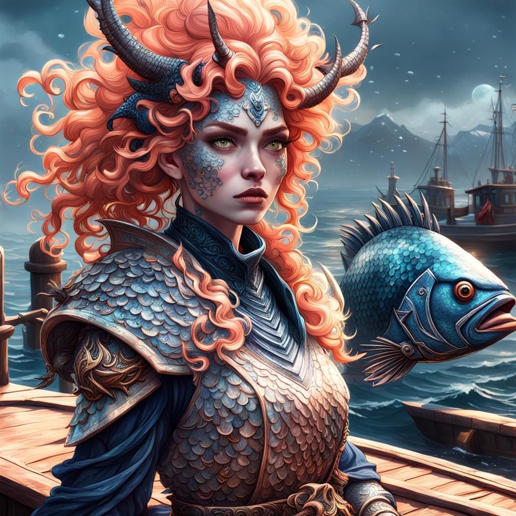 Water Genasi on Fishing Boat as Detailed Matte Painting