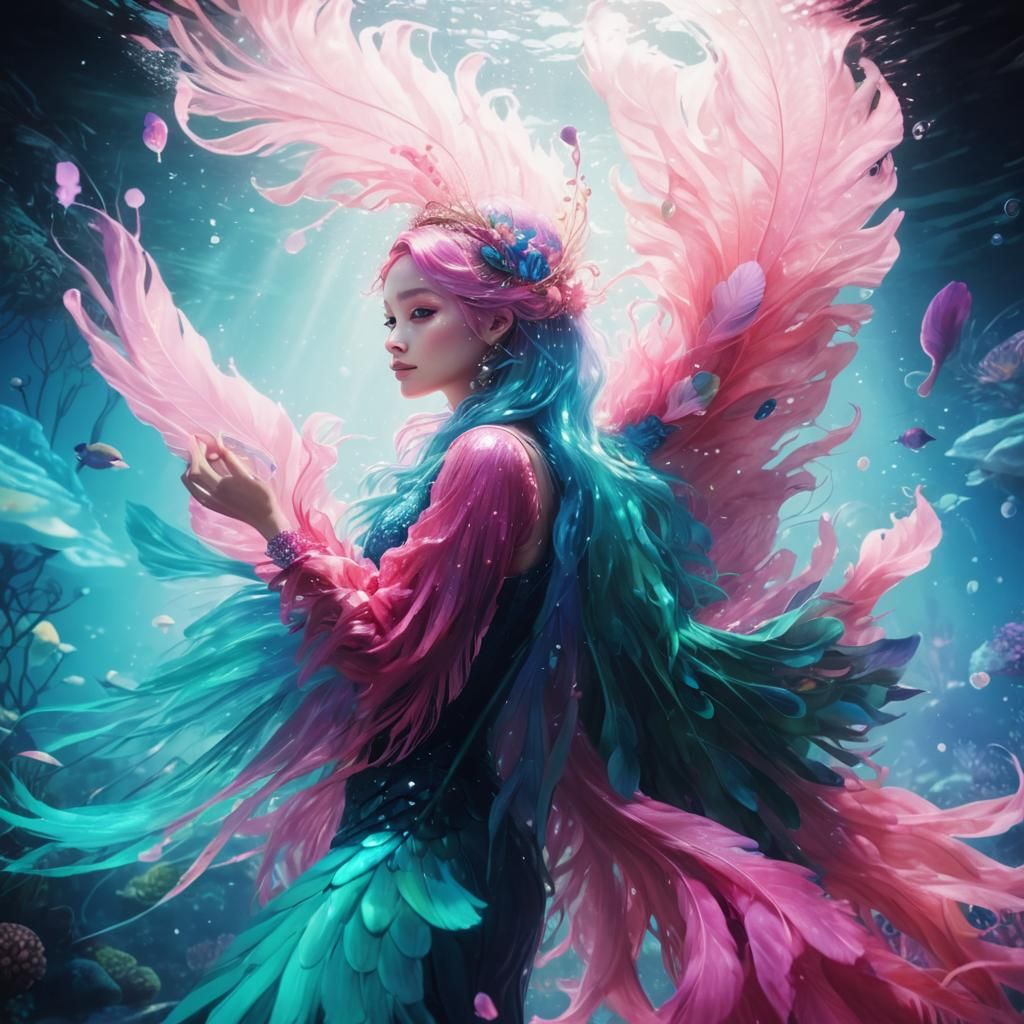 Peacock Feather Woman and Mermaid in Art Nouveau Style