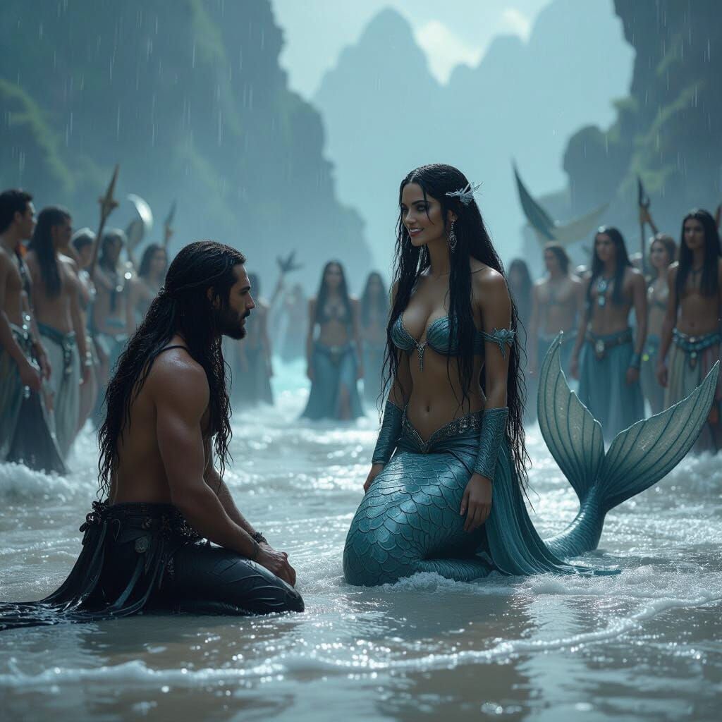 Mermaid and Merfolk Gathering in Cinematic Surf