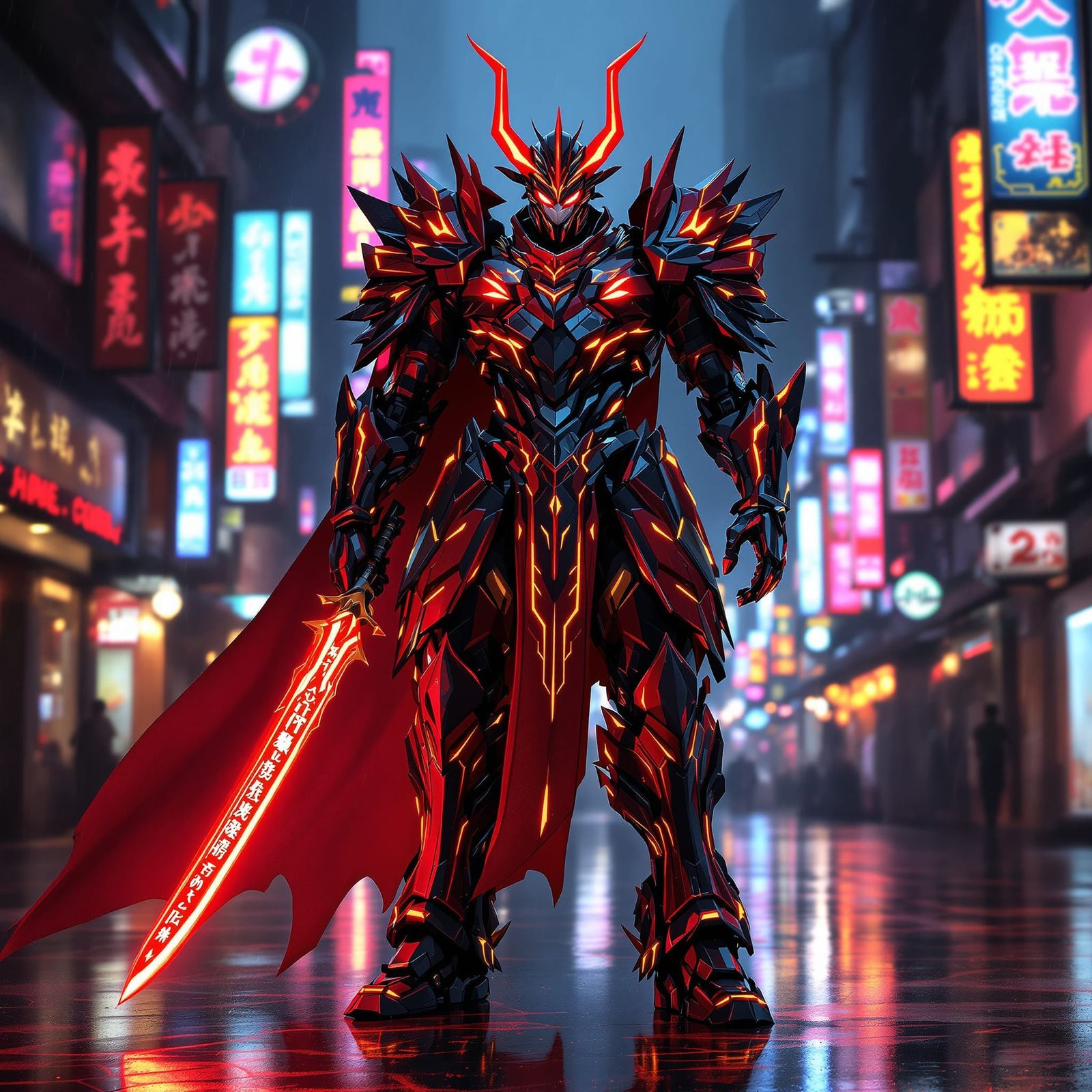 Cyberpunk Samurai Mecha Warrior in Neon City