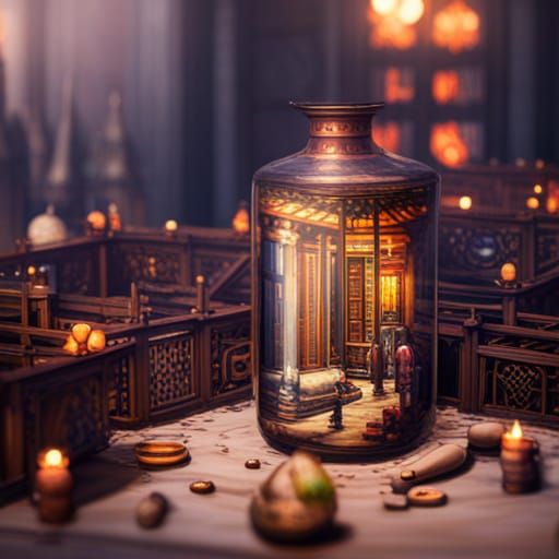 Asian City in a Bottle: Detailed Oil Painting
