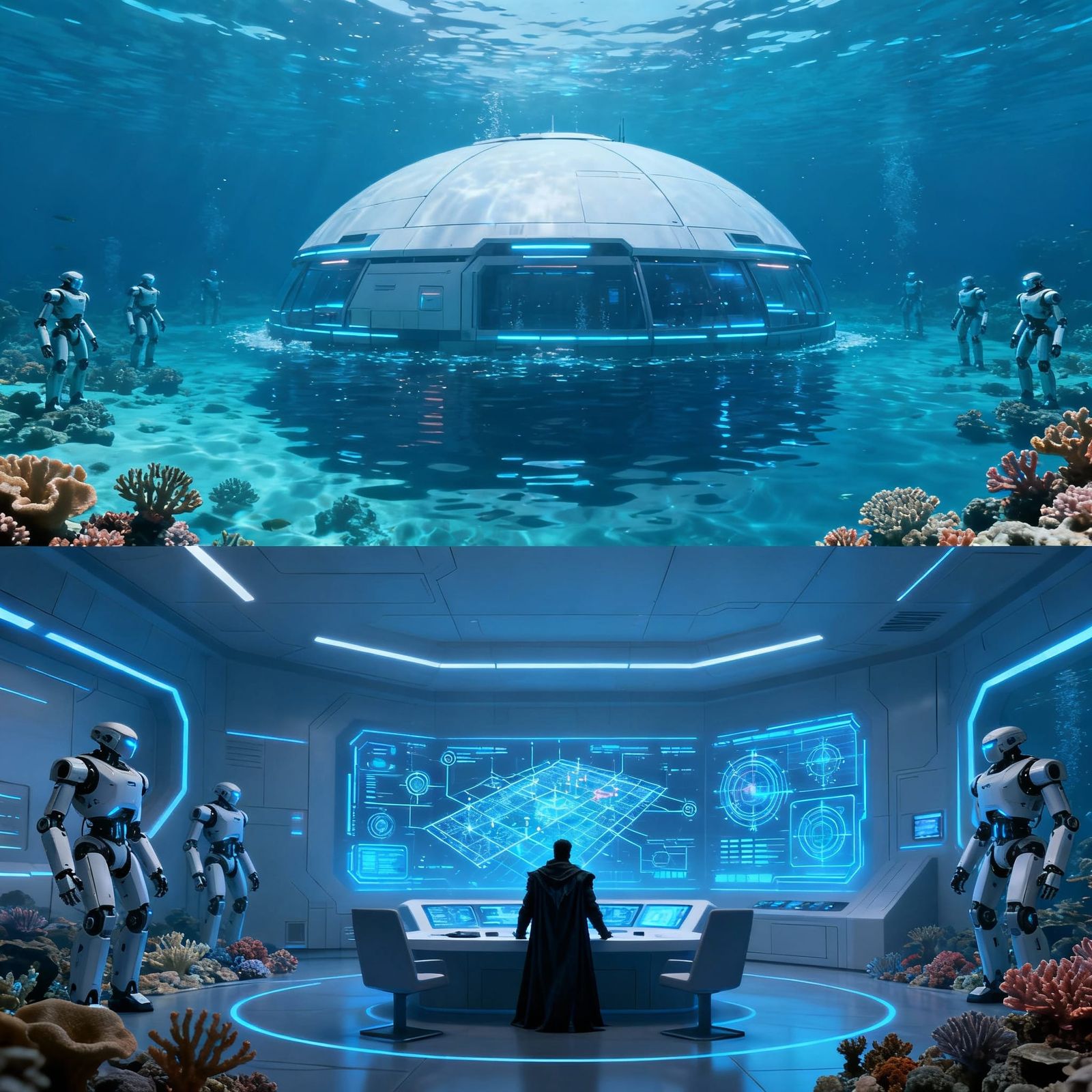 Futuristic Underwater Dome Base with Robotic Sentinels
