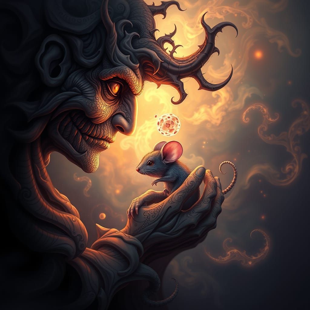 Human Protects Mouse From Evil: Abstract Vector Art