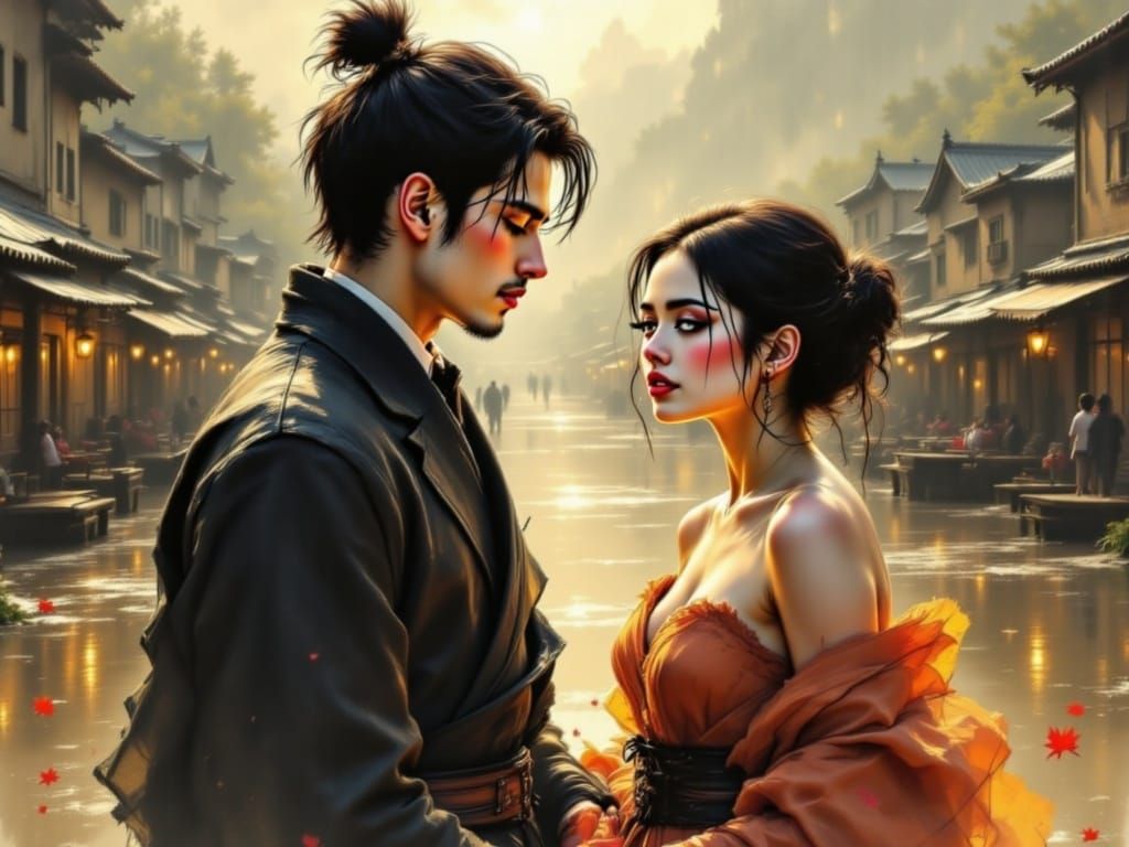 Japanese Samurai Couple in Golden Light, Delapidated Fishing...