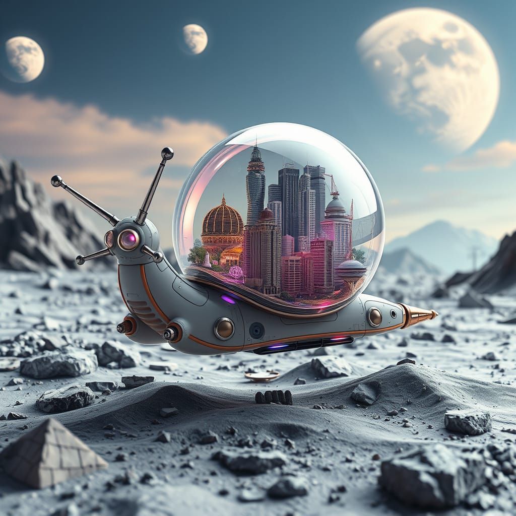 A space robotic glassy snail carrying miniature City flying ...