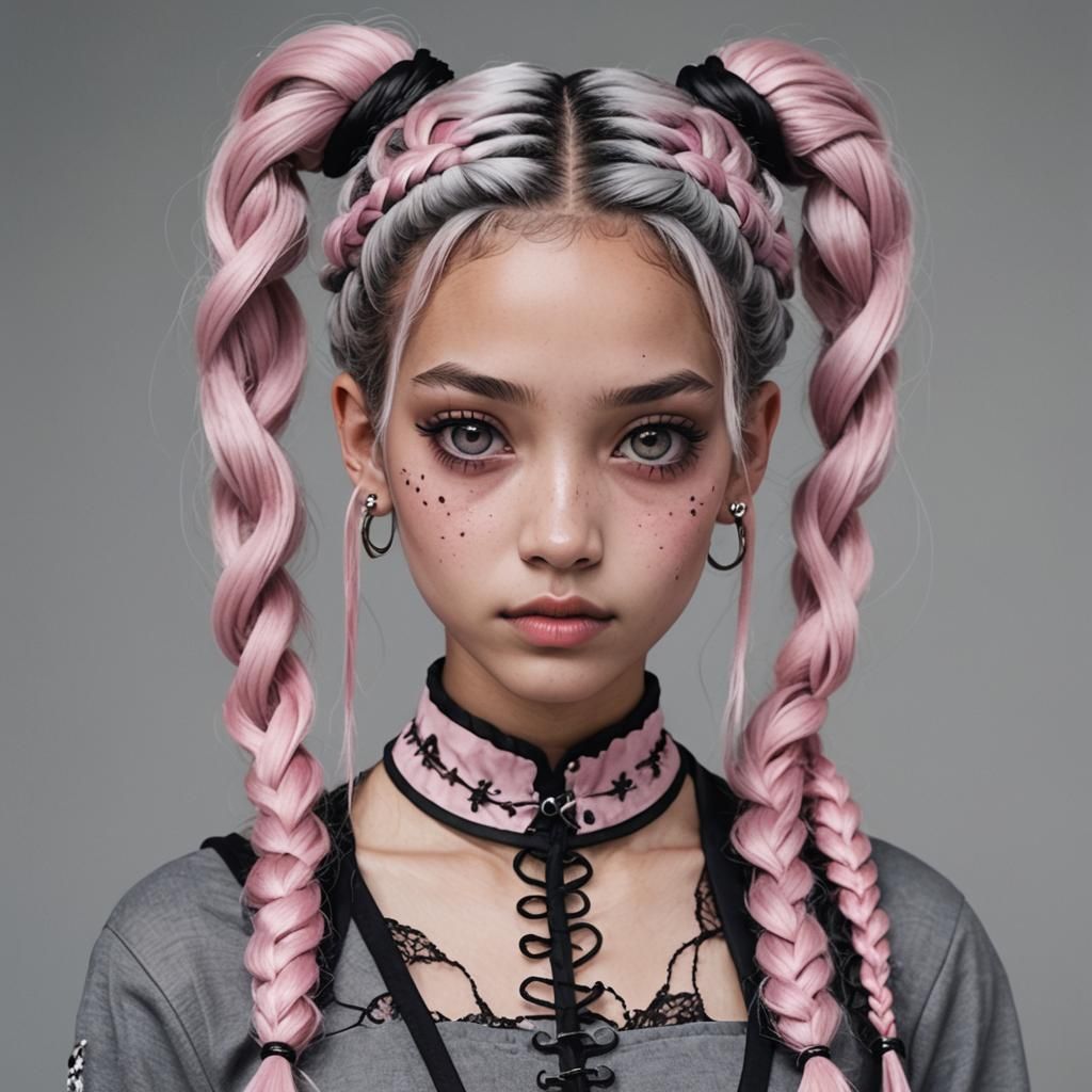 Gray-Skinned Gothic Female with Braided Pigtails