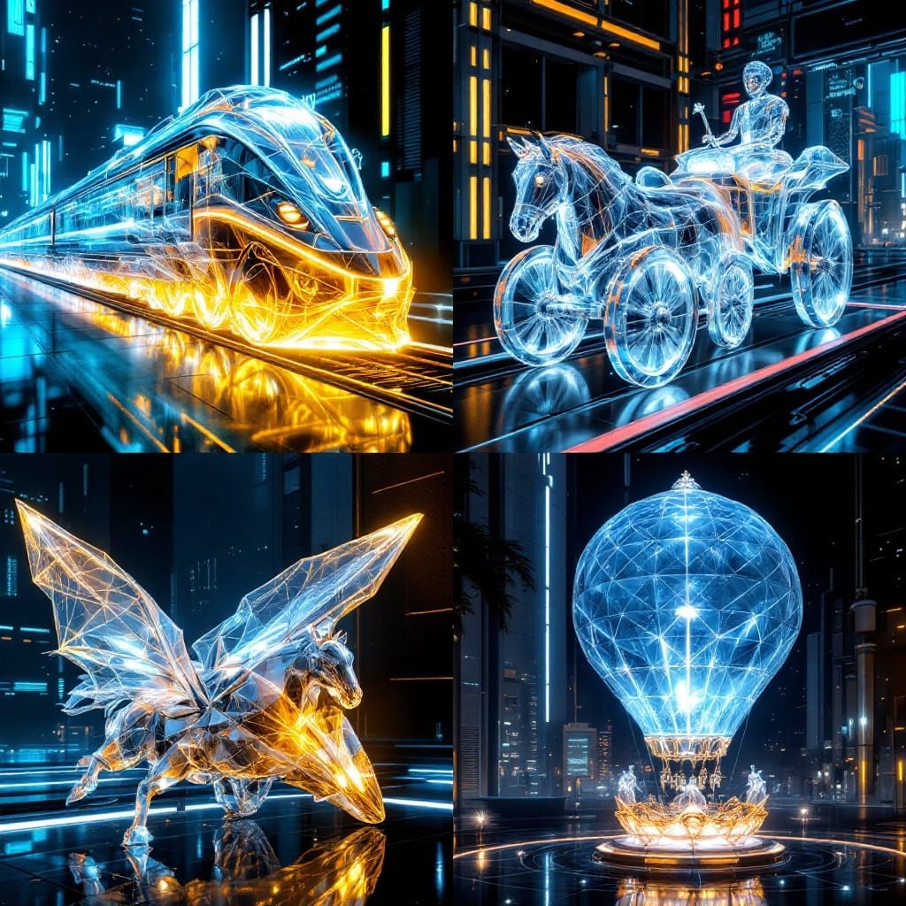 Dystopian Futuristic Cityscapes with Crystal Vehicles in Int...