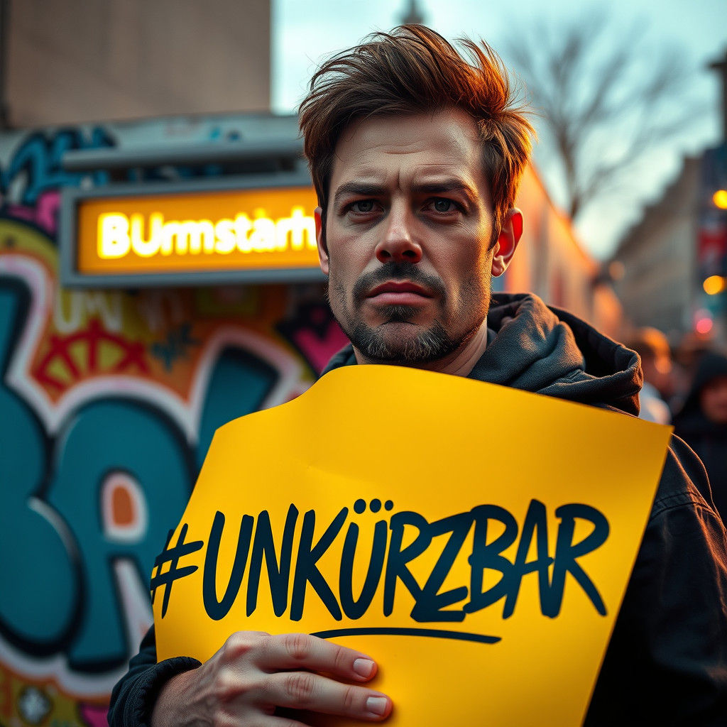 Activist in Berlin Holding Protest Sign, Splash Art