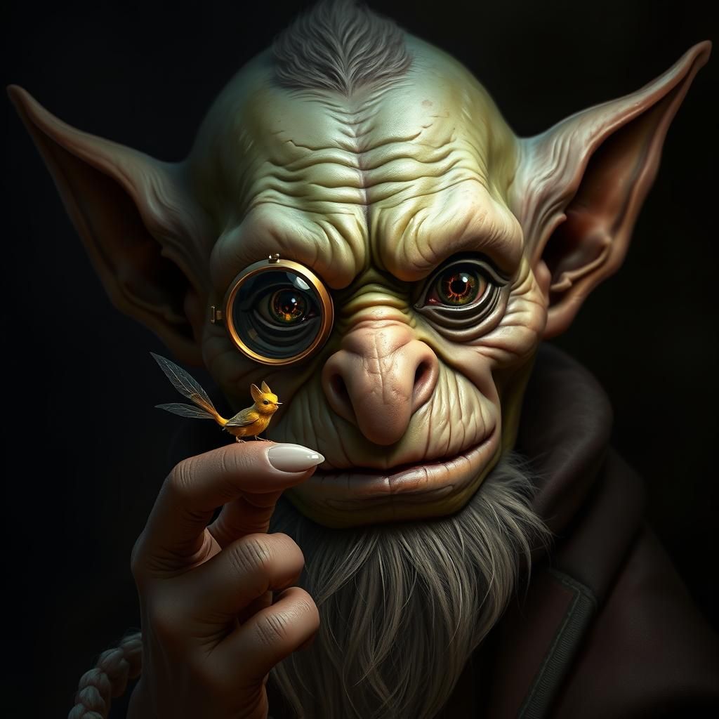 Goblin Scholar Examines Pixie in Fantasy Art