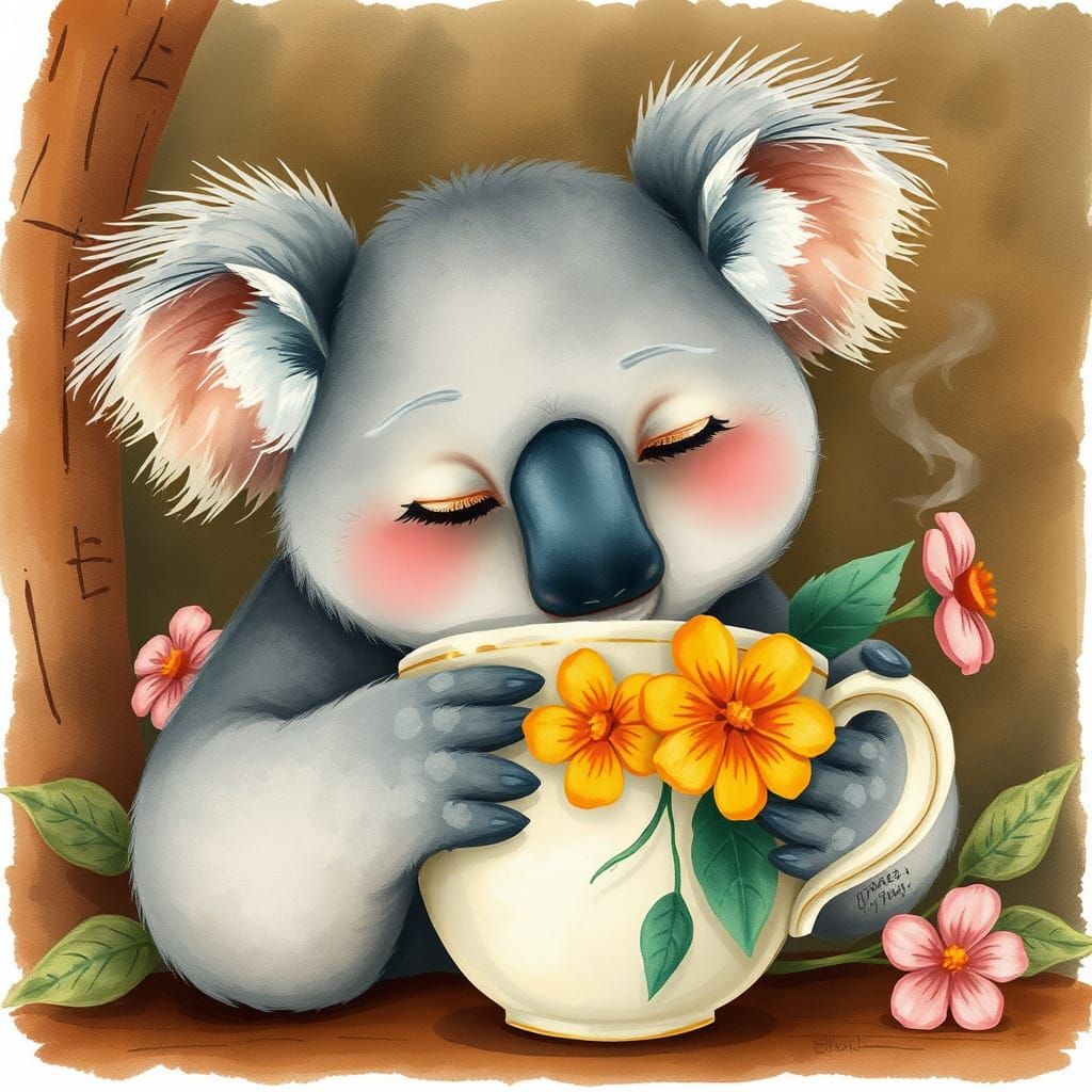Sleepy Koala Hugs Coffee Cup with Flowers