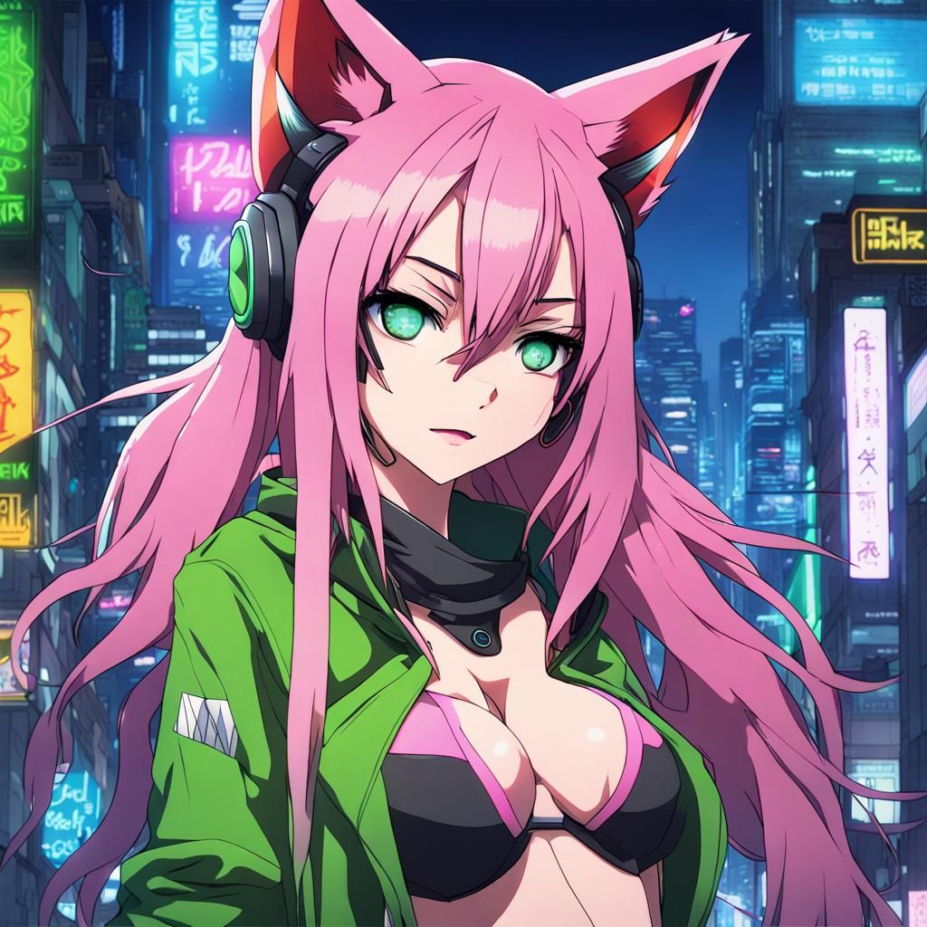 Cyberpunk Anime Fox Girl in Night City