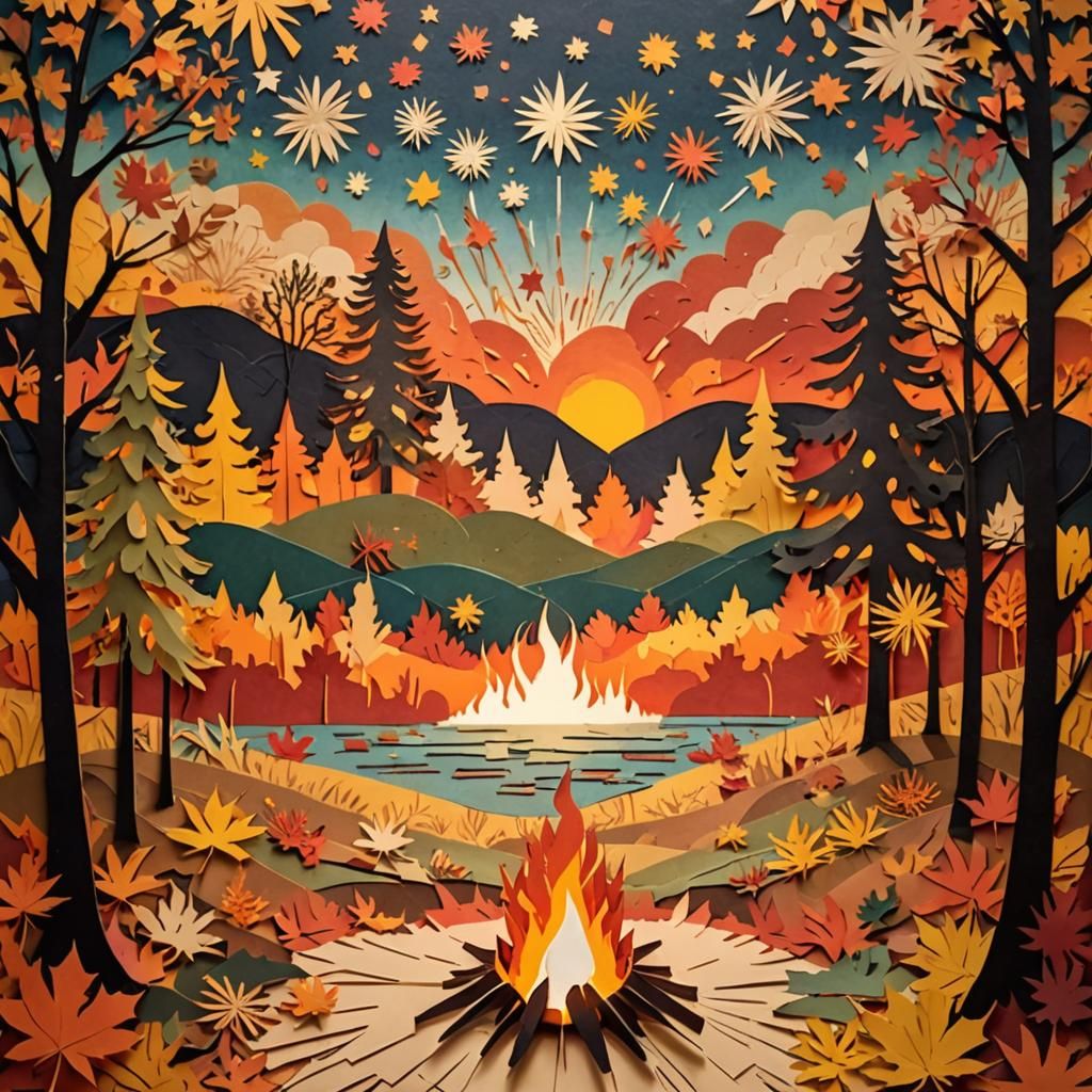 Bonfire and Fireworks in Autumn: Paper Collage Art