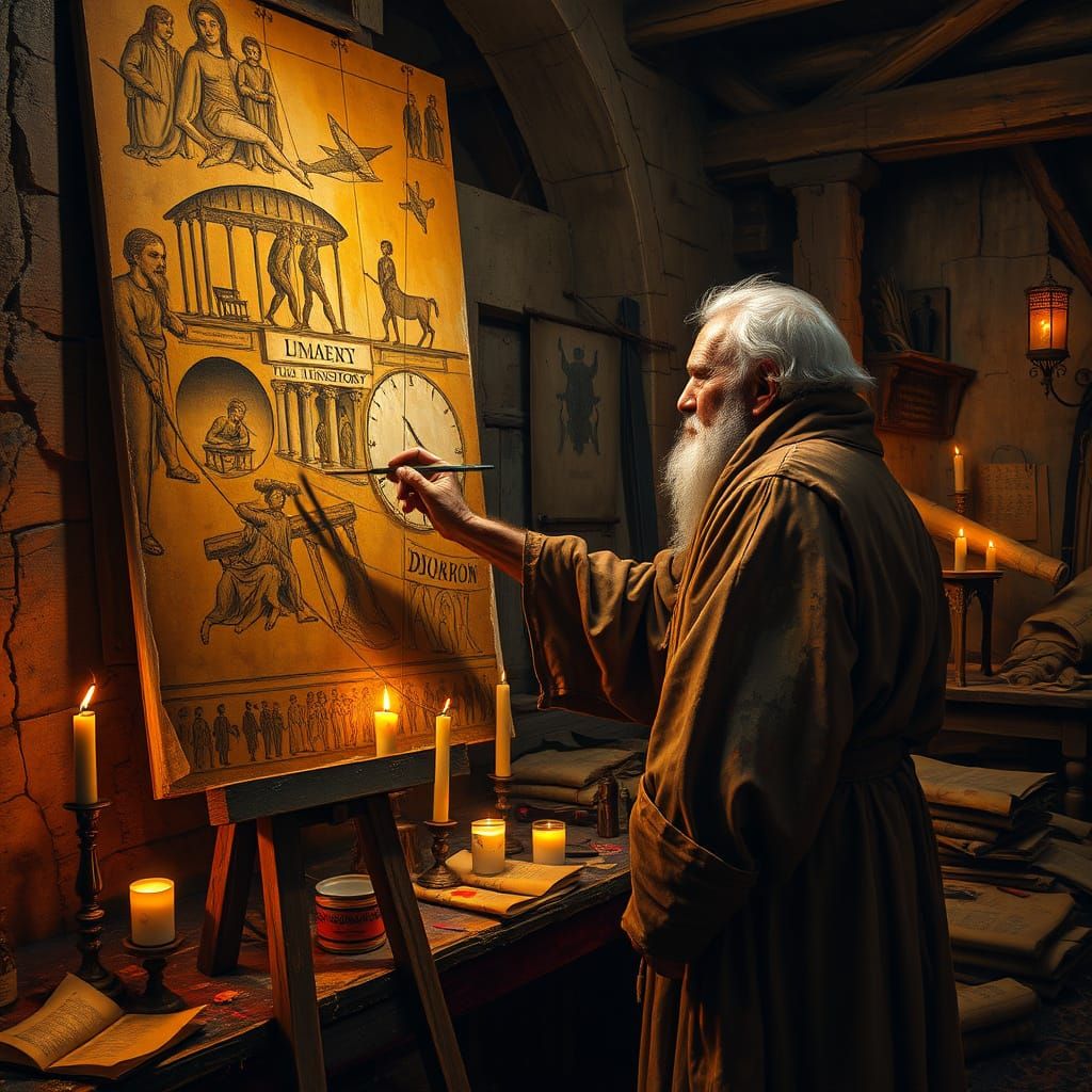 Old Man Completes Mural in Dark Surrealist Style