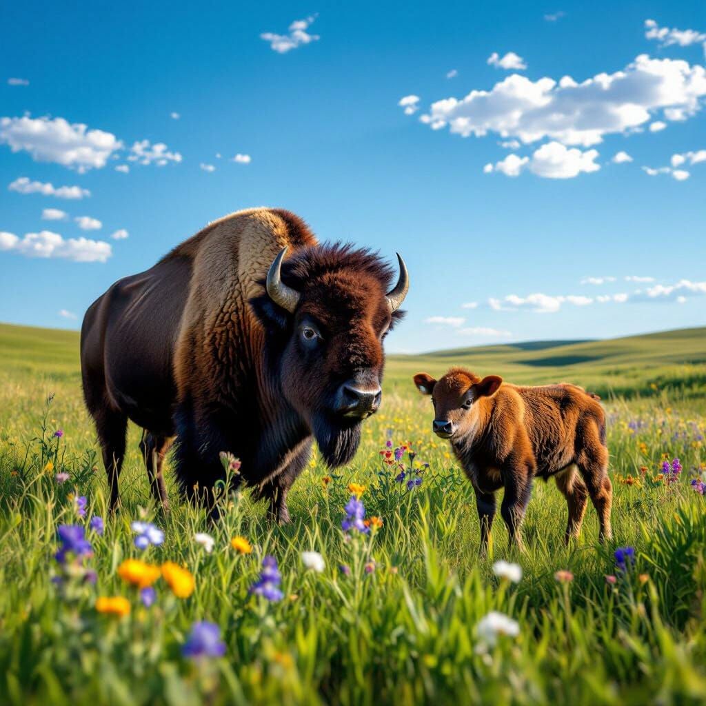 American Bison and Calf in Prairie Landscape