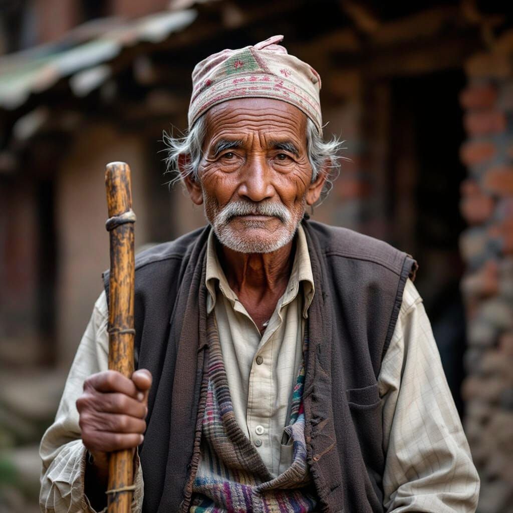 Wise Nepali Man in Traditional Village Scene