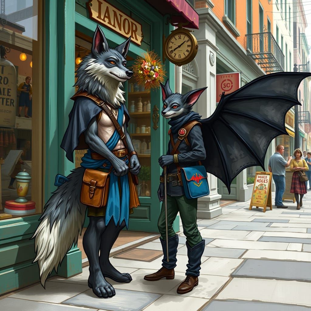 A wolf and bat friend, DnD adventure, out for supplies.