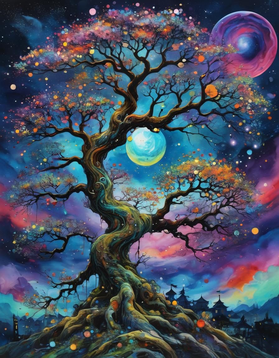 Psychedelic Moon Over Magic Bonsai Town