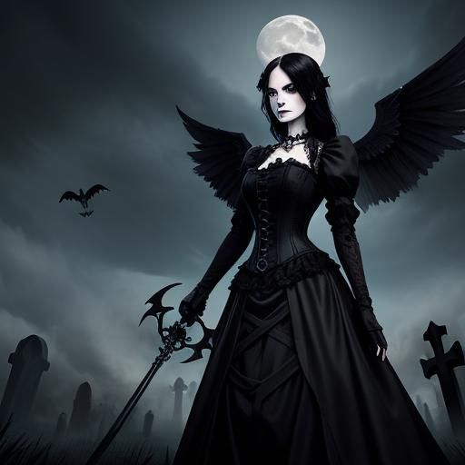 Gothic Lady with Skull in Cemetery Moonlight