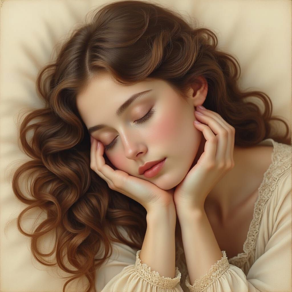 Dreamy Sepia Portrait of Young Woman with Curls