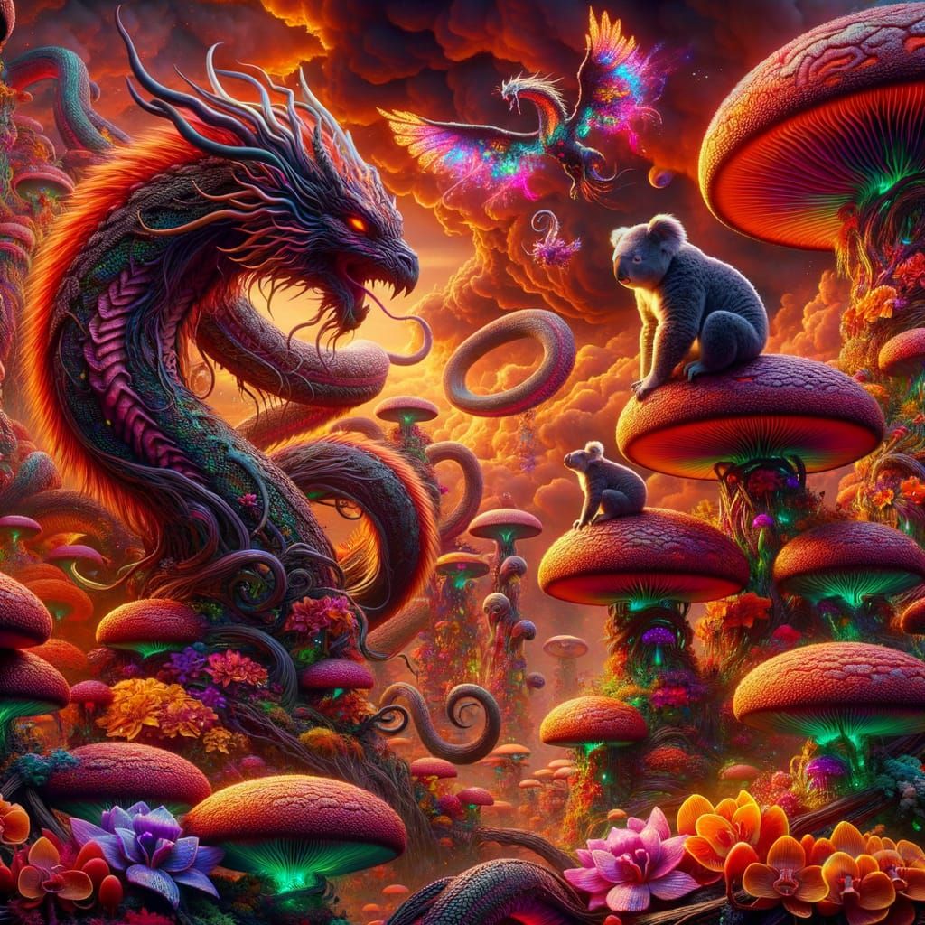 Vibrant Mythological Landscape with Kirin and Koala