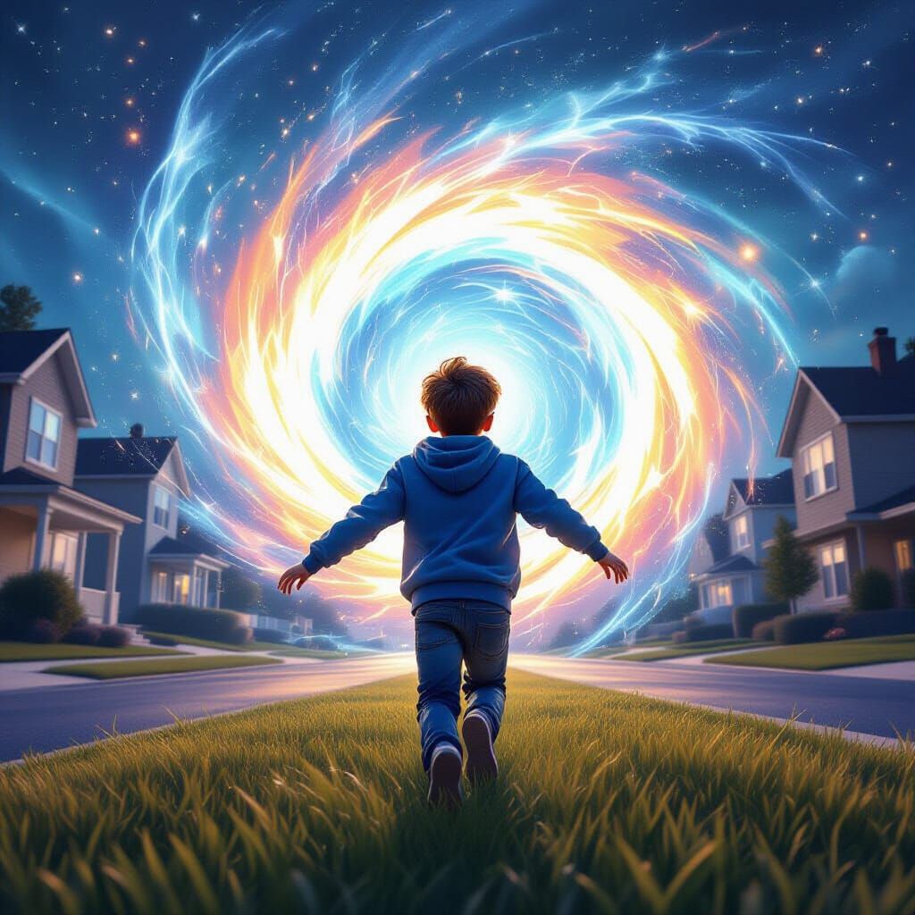 Boy Soars Into Luminous Vortex in Suburban Neighborhood