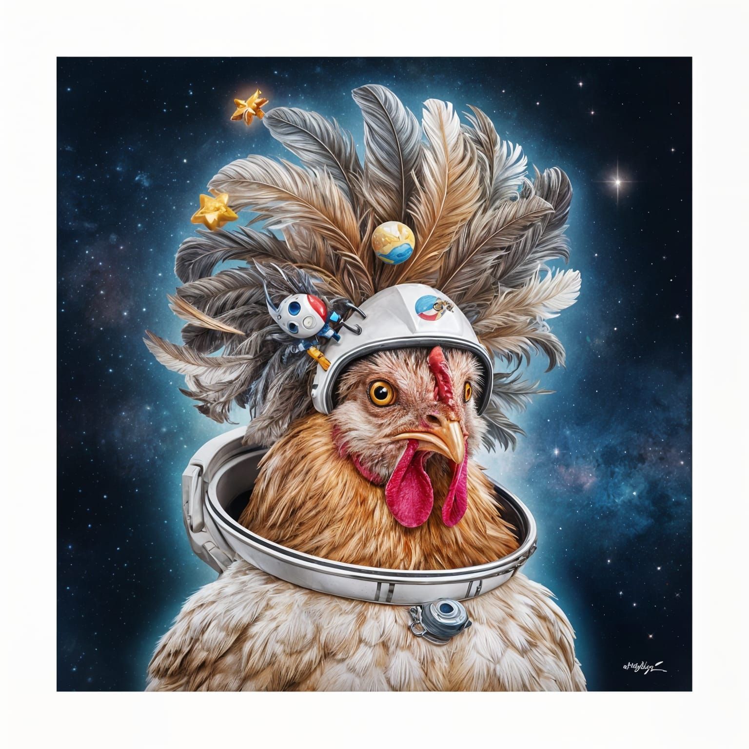 Humorous Space Chicken with Galaxy Hairdo