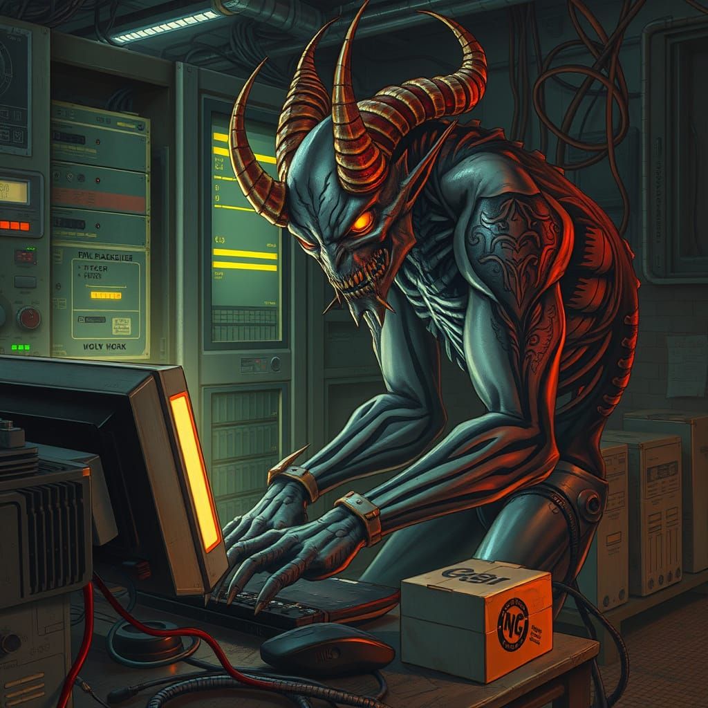 Cyberpunk Demon Hacker in Dimly Lit Server Room