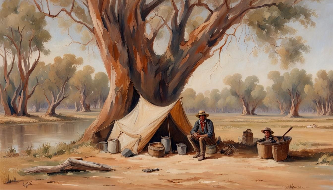 camping by a billabong under the shade of a coolabah tree