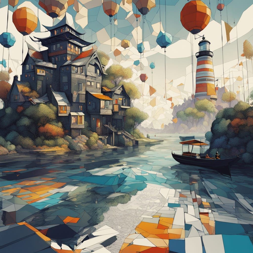Cubist Seascape Lighthouse