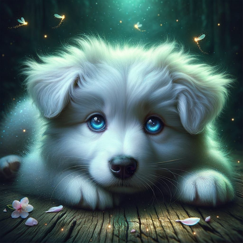 Blue-Eyed Puppy in a Magical Night Scene