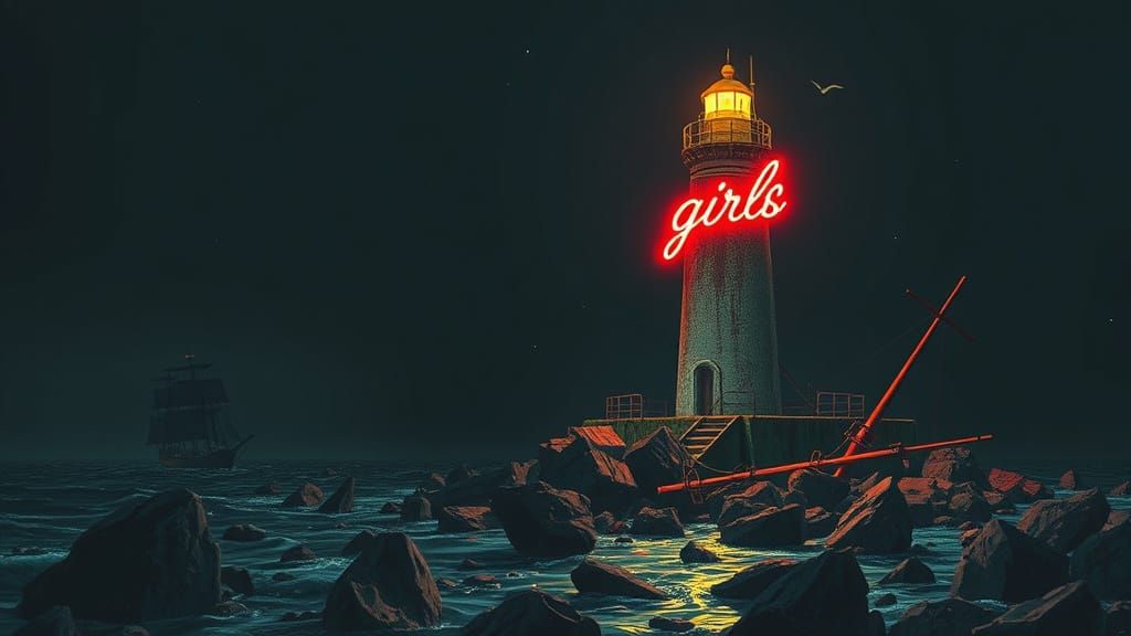 Neon Lighthouse in Dark Sea, Retro-Futuristic Style