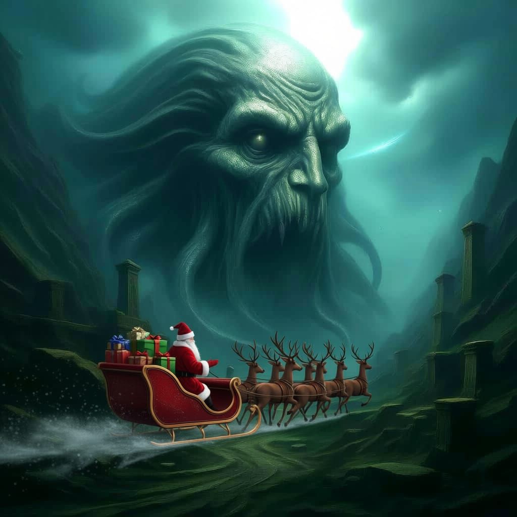 Saint Nicholas Approaches Cthulhu with Gift-Bearing Reindeer