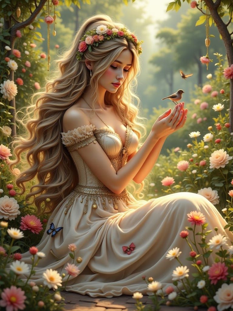 Woman in Garden, Hyperrealistic Art Nouveau Style