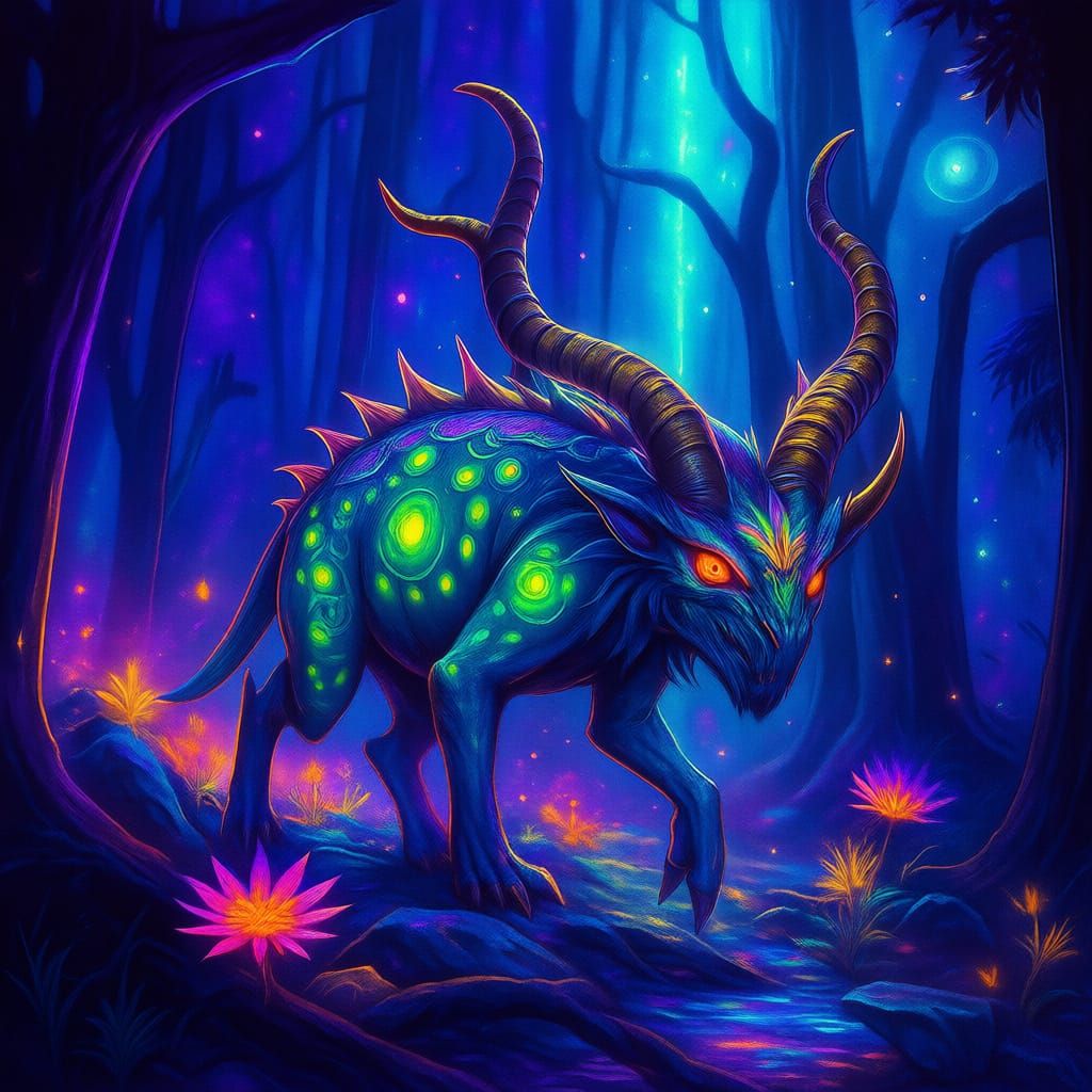 Neon Manga Cryptid in Bioluminescent Forest