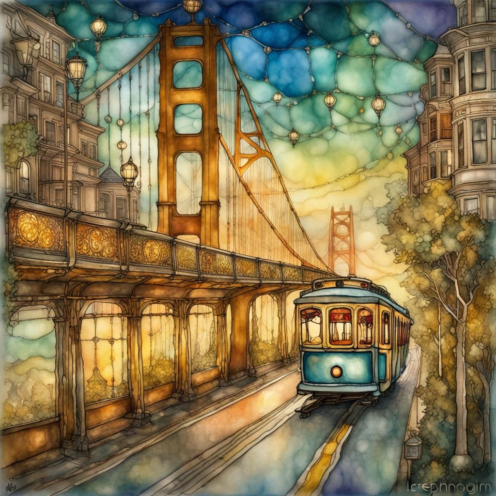 San Francisco Golden Bridge in Watercolor and Ink
