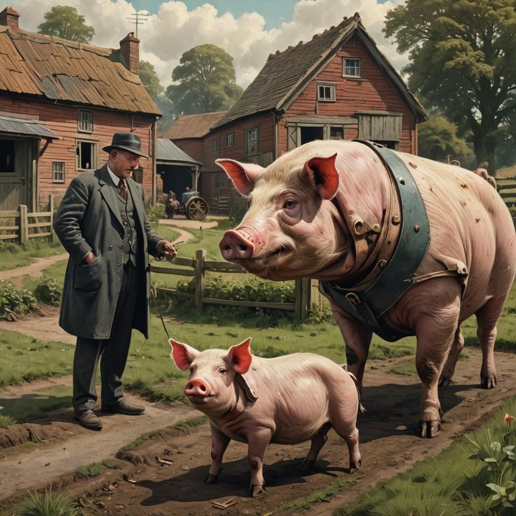 Circa 1933, a large pig at a farm in Hertfordshire, England,...