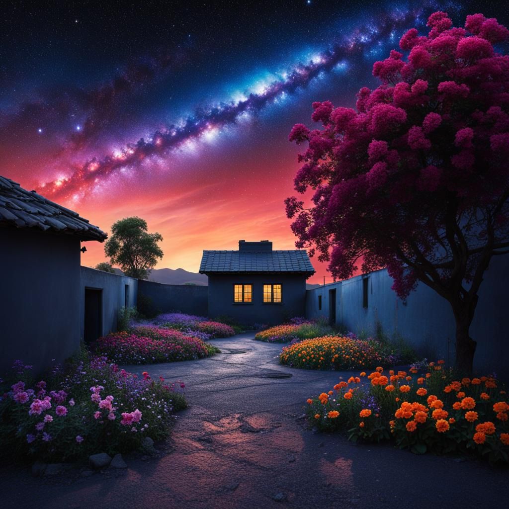 Sad Sky with Galaxy Stars and Wilted Flowers