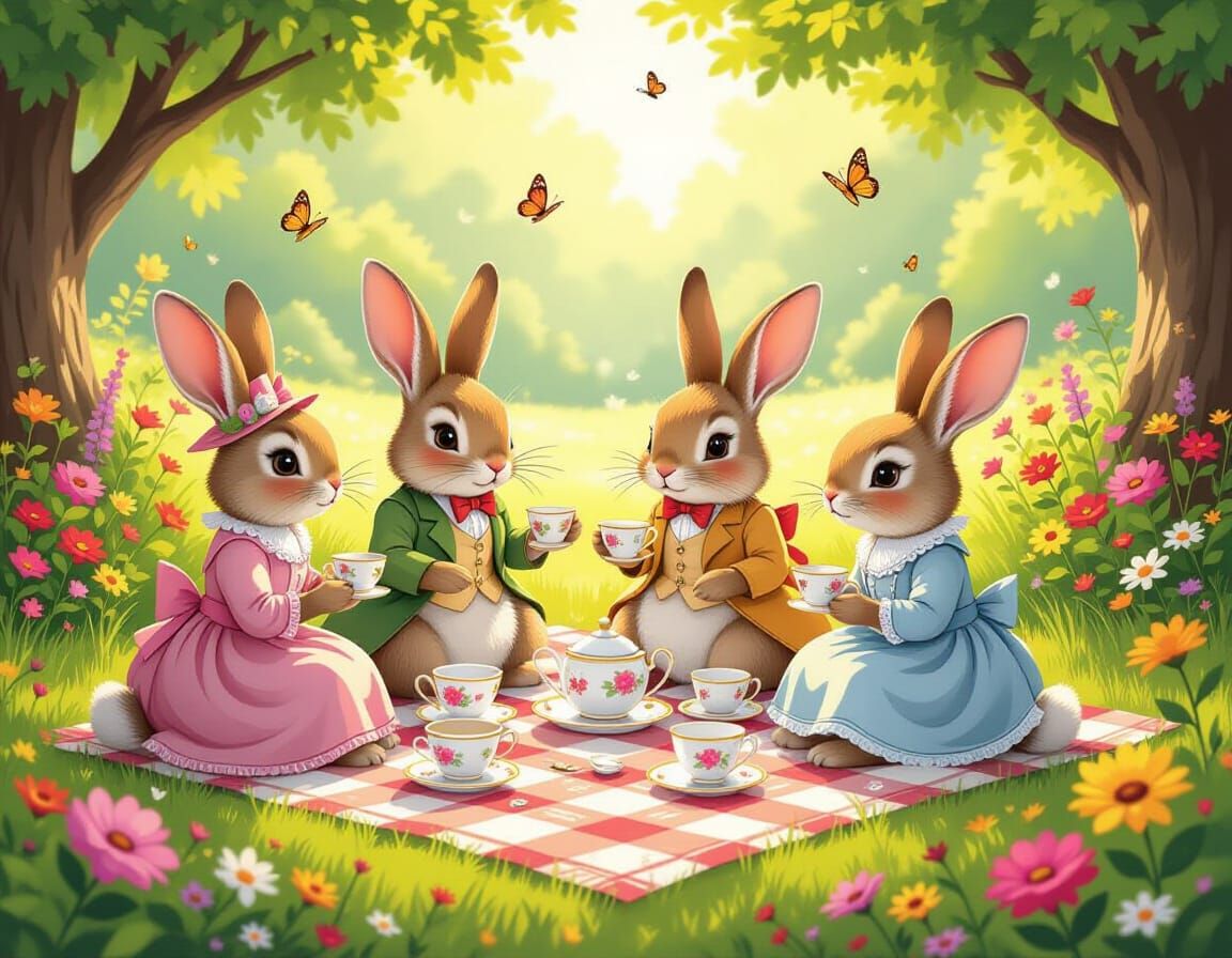 Victorian Rabbits Tea Party in Sunlit Garden