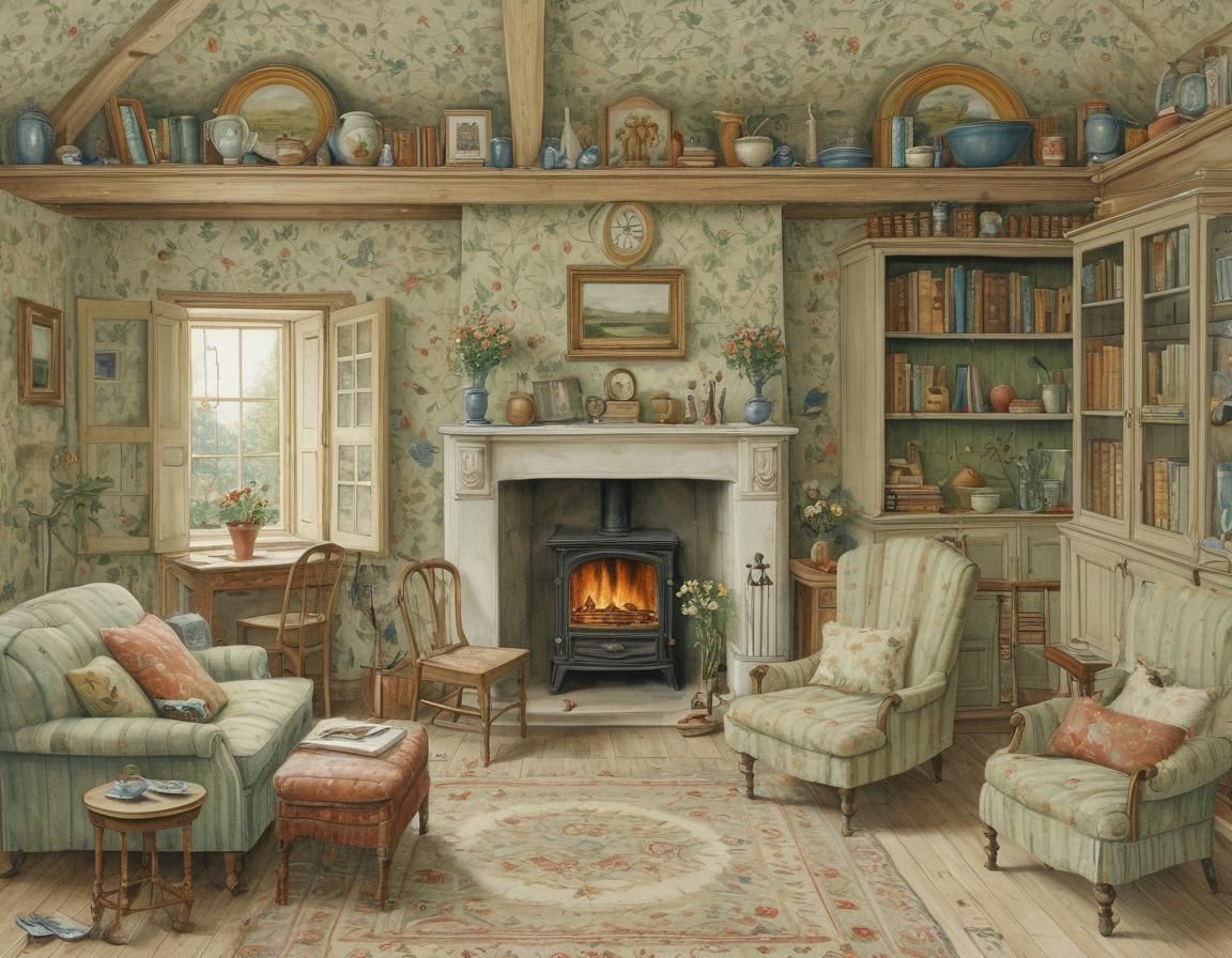 Botanical Illustration of a Cozy Home