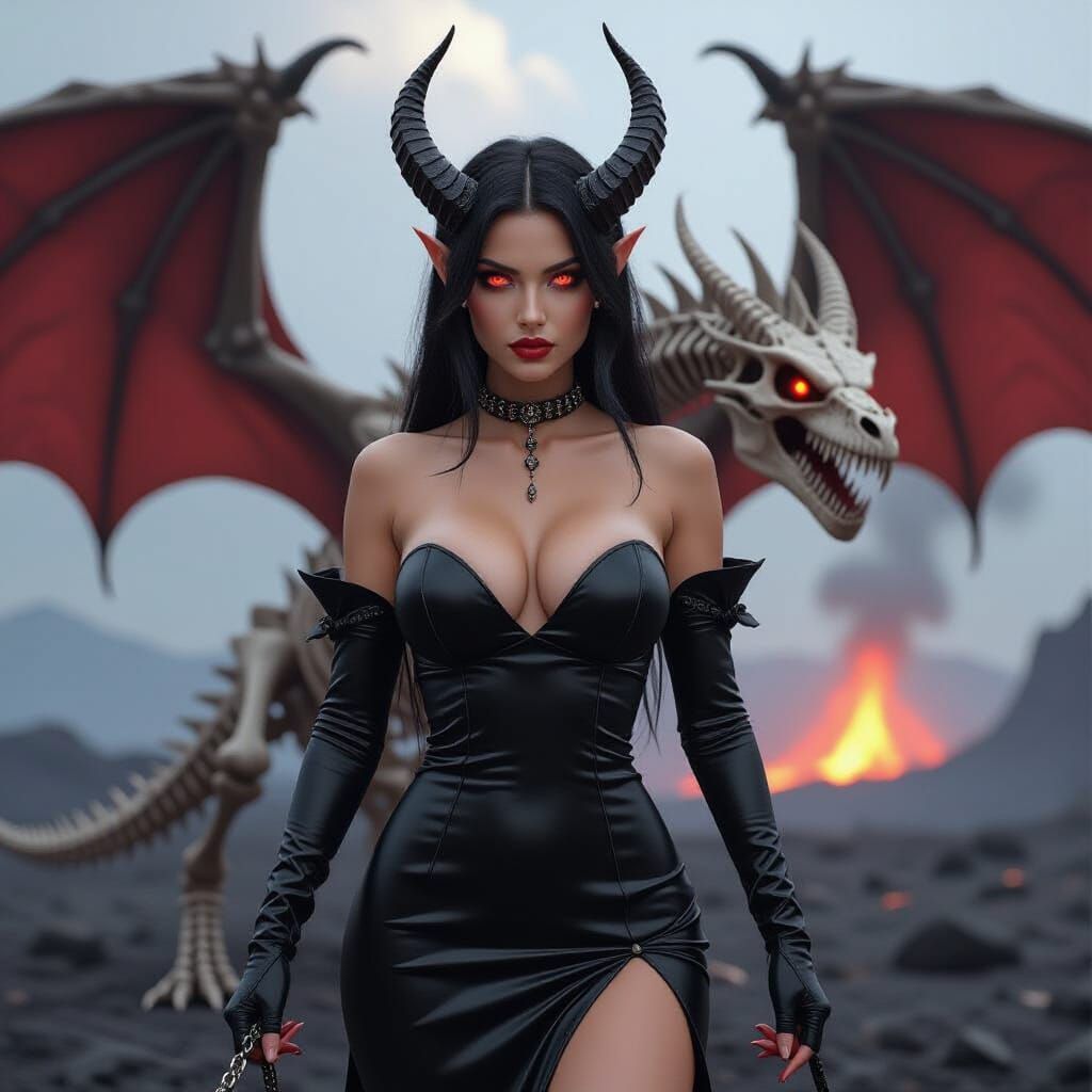 Demon Empress With Skeleton Dragon Pet in Fiery Landscape