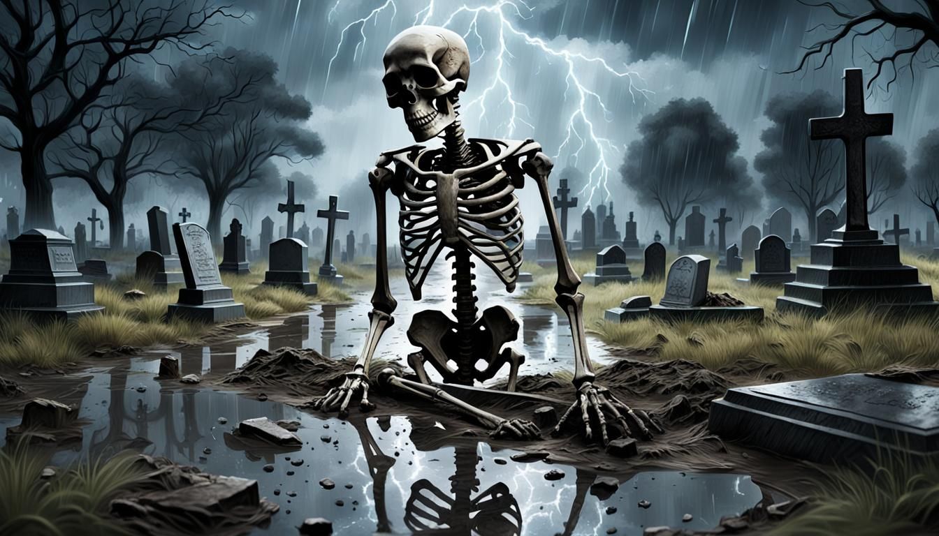 Skeleton Emerges in Stormy Cemetery: Hyperrealistic Art