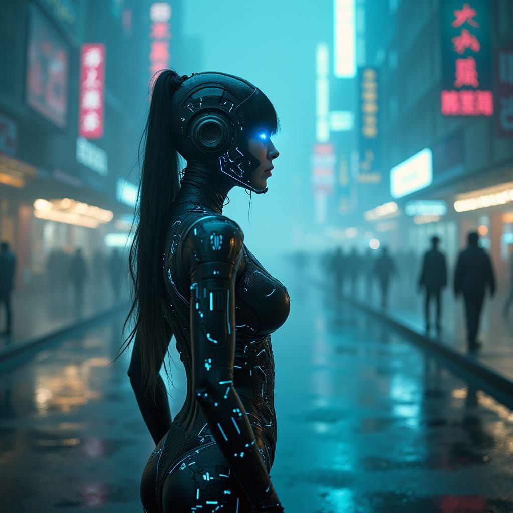 Glowing Cybernetic Warrior Emerges from Dark Dystopian Skies