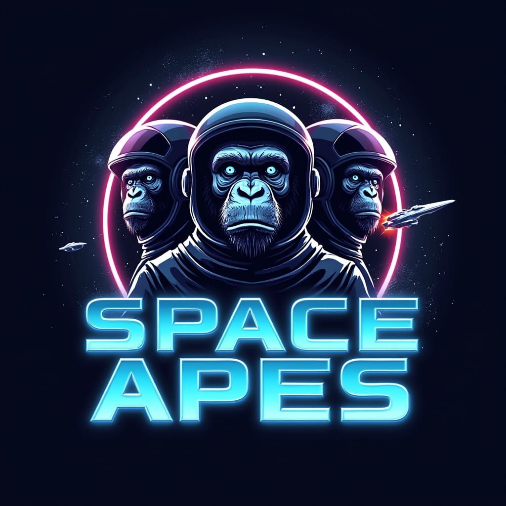 Space Apes Futuristic Logo in Neon Blue and Dark Galaxy