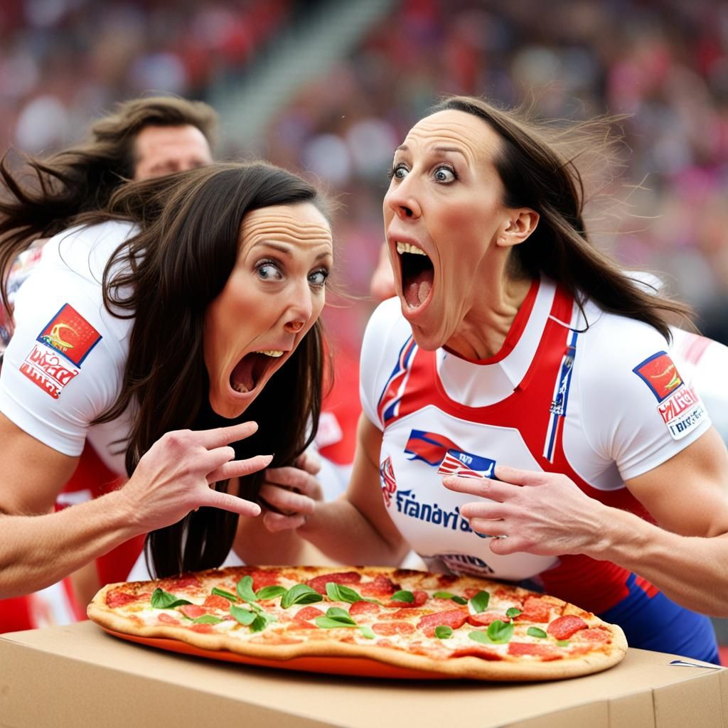 Two Beth Tweddles screaming with pizza